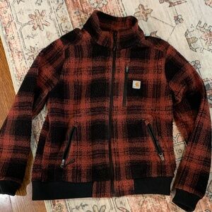 Carhartt Rust and Black Plaid Sherpa Zip-Up Jacket